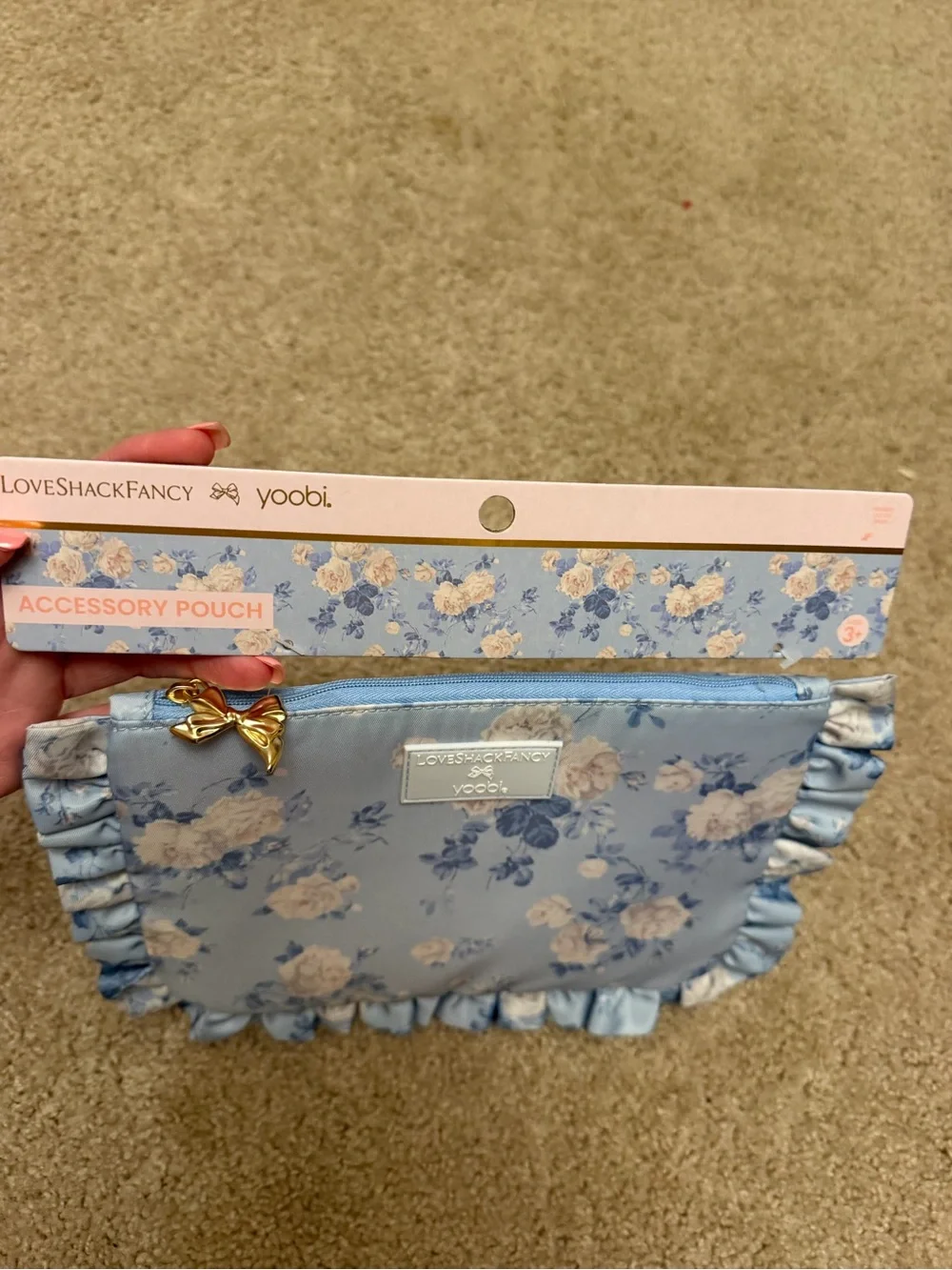 LoveShackFancy Floral Ruffle Cosmetic Pouch in Light Blue and Cream